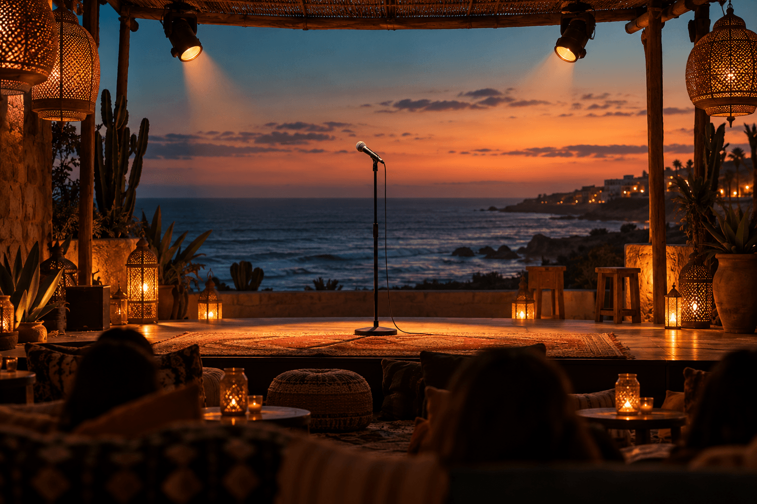 Illustration of a stand-up comedy microphone on a coastal stage at sunset